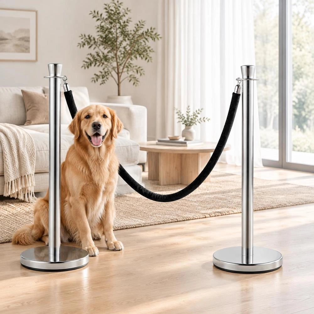Crowd Control Support, 2-piece Set, Stake Set With 1.5 M Black Velvet Rope, Silver Crowd Control Barrier With Stable Concrete And Metal Base – Easy Assembly