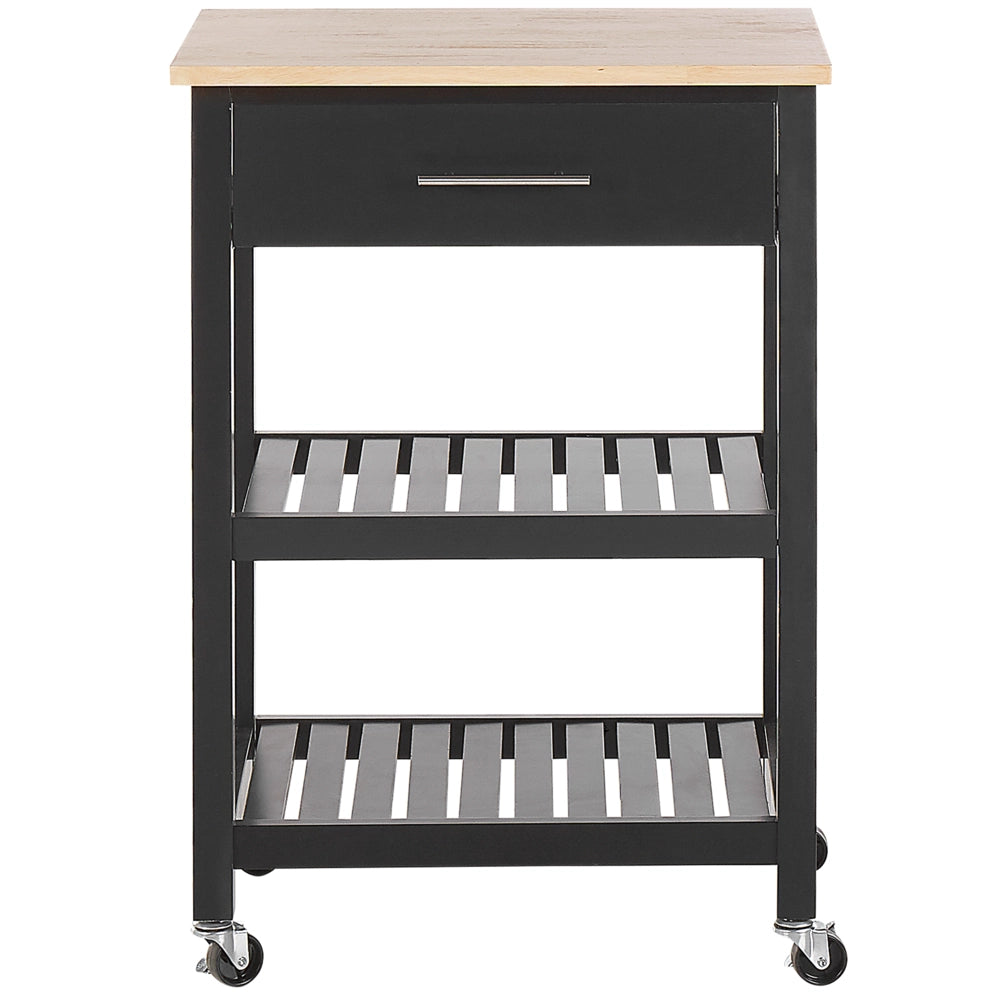 Carrello da cucina in legno di gomma Nero MDF 58 x 40 x 85 cm 2 ripiani portaposate cassetto portabottiglie ruote