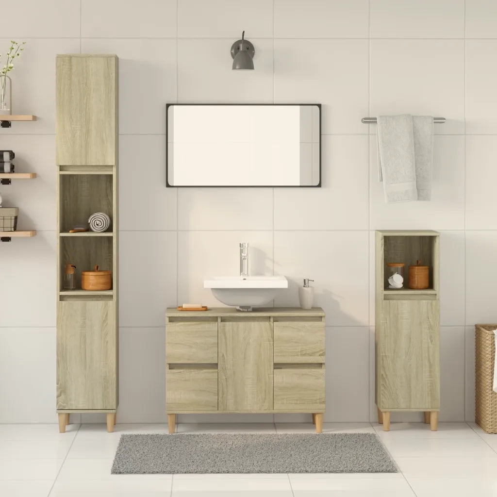 Set Mobili da Bagno | Armadio da bagno 3 pz Rovere Sonoma in Legno Multistrato