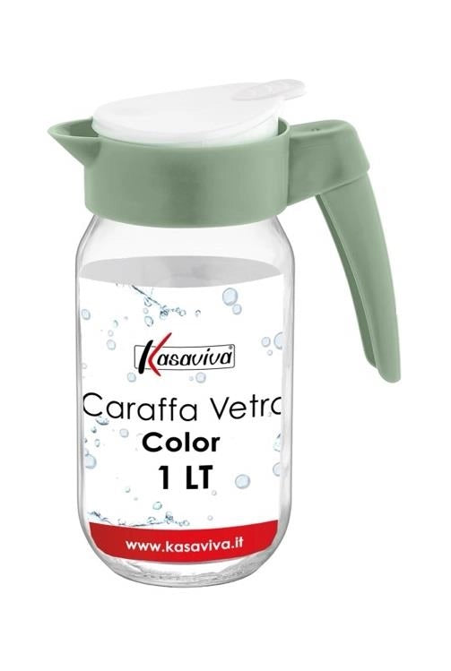 KIT SET 2 PZ CARAFFA IN VETRO TRASPARENTE CON TAPPO COLORATO E CAPIENZA DA 1 LT