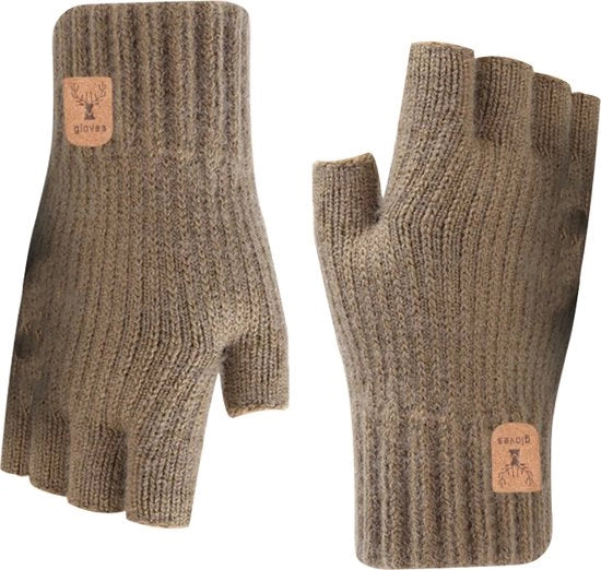Due paia di guanti senza dita per donne, guanti senza dita invernali intrecciati, guanti intrecciati caldi con metà dita per guidare, scrivere, andare in bicicletta, unisex, unico modello - marrone