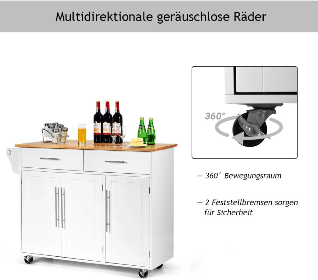 Carrello da Cucina, Carrello di Servizio con Ruote e Maniglia, 3 Ante e 2 Cassetti, Ideale per Cucina Ristorante Bar, 122x46x92,3 cm, Bianco