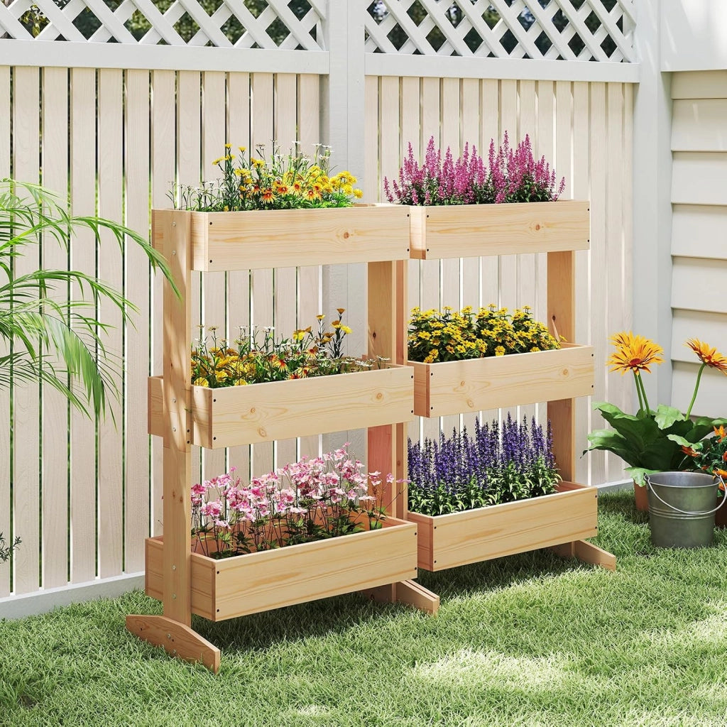 Letto da Giardino Rialzato a 3 Livelli, Fioriere in Legno da Interno e Esterno per Fiori, Verdure ed Erbe, Supporto per Vasi da Fiori Autoportante per Patio, Balcone e Giardino