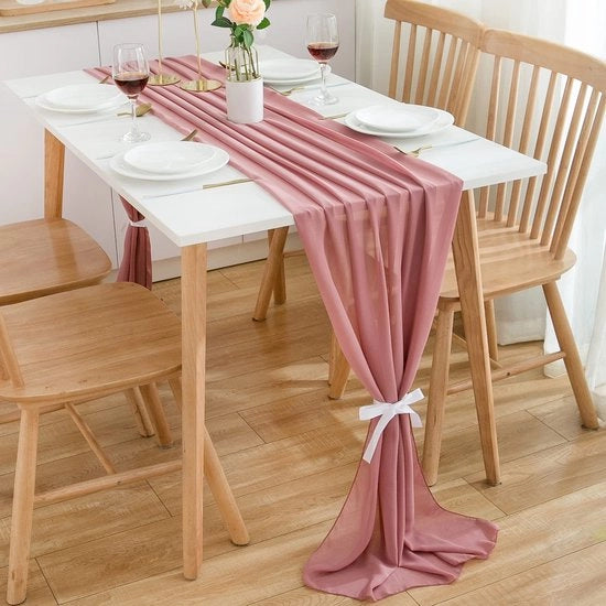 Tavolo da dessert chiffon, 70x420 cm, in rosa a fiori, tovagliato, tavola da matrimonio, rosa antico