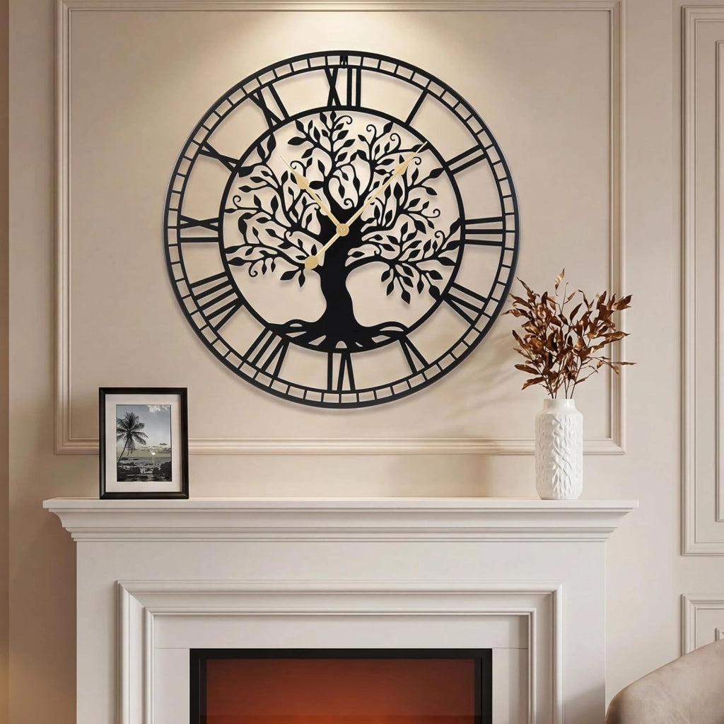 Orologio da Parete Grande da 68 cm, con Albero della Vita in Metallo, Orologio Decorativo Silenzioso Senza Ticchettio, per Soggiorno, Camera da Letto e Cucina, Nero
