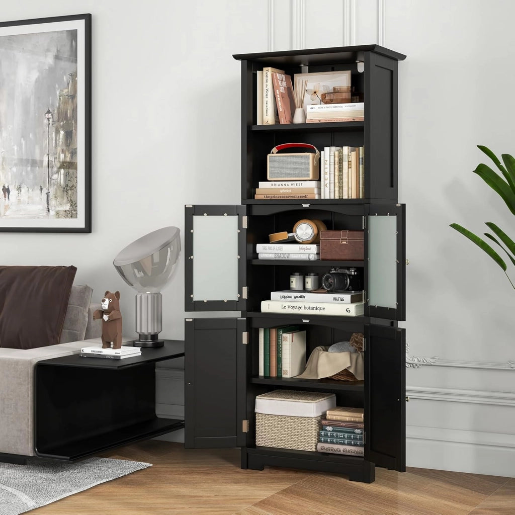 Armadio da Bagno, Mobiletto Alto da Terra con 2 Armadietti e Ripiani Regolabili, con Ante in Vetro, Mobile Portaoggetti Multiusi per Bagno e Soggiorno, 60x30x163 cm (Nero)