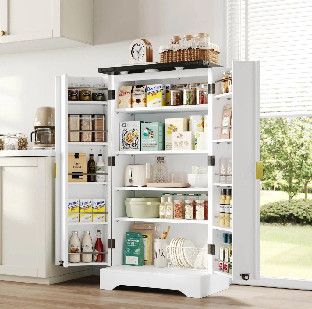 Credenza alta 120x60.5x40 cm con luce LED a sensore; ante scanalate in MDF bianco