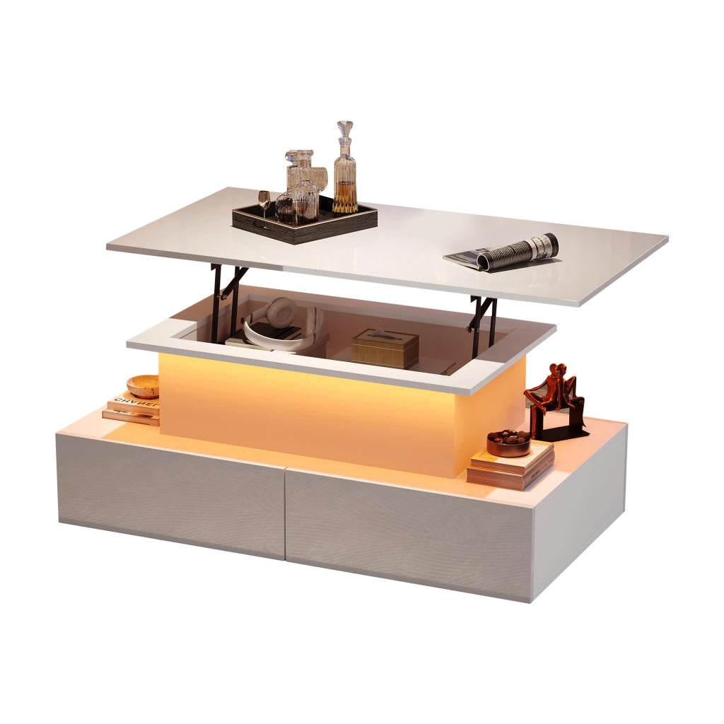 Tavolino da salotto con 4 Cassetti e LED; Piano scorrevole; Vano nascosto; Soggiorno; 90 × 55 × 41 cm