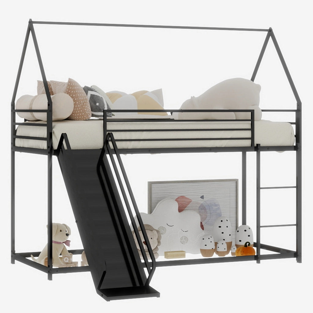 Letto a Castello 90x190 cm; 2 Posti - con Scivolo e Scale - Letto in Ferro - Nero
