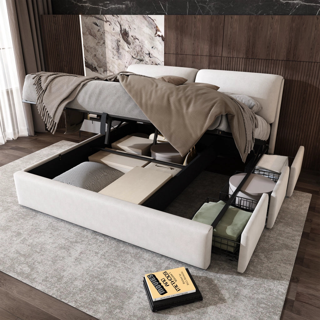 Letto contenitore 160 × 200 cm con 3 cassetti, apertura idraulica e vano integrato, senza materasso, in velluto beige