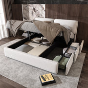 Letto contenitore 160 × 200 cm con 3 cassetti, apertura idraulica e vano integrato, senza materasso, in velluto beige