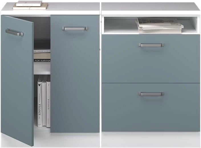 Set di mobili sottotetto Rion, Grigio-blu, 120 cm Set di 2 carcasse armadio profondità 60 cm, adatto per il salvaspazio sotto tetti spioventi