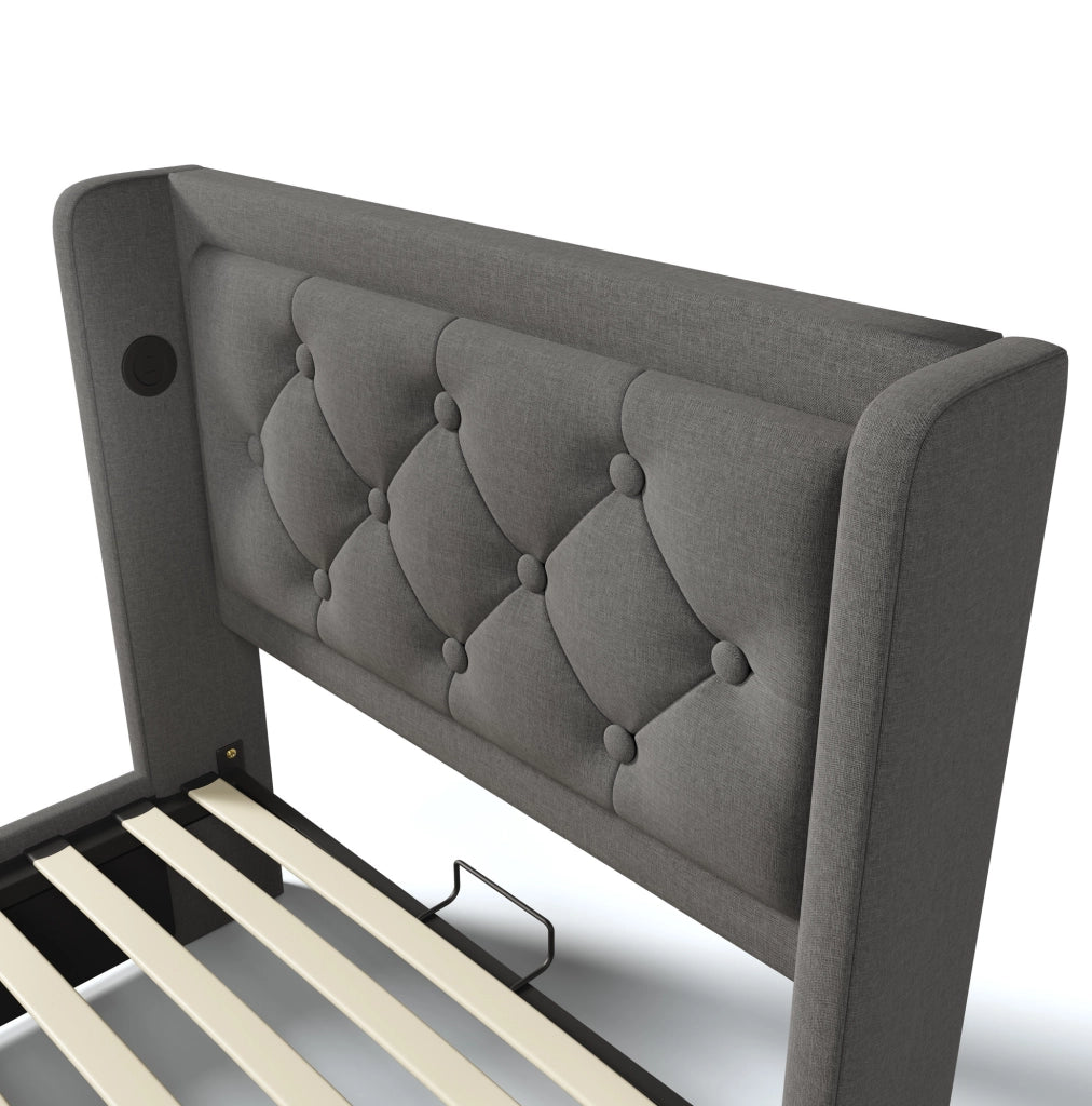 Letto 90x200 cm con contenitore idraulico, LED, USB e USB-C in cotone grigio