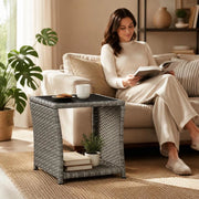 Coffee Table Grey 45x45x40 Cm Poly Rattan And Glass