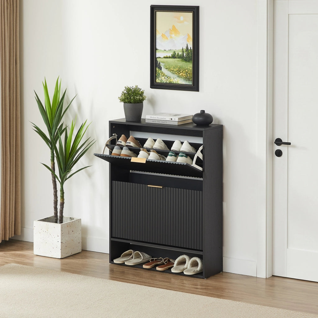 Scarpiera con ante a ribalta, ripiani regolabili e vano aperto per ingresso, in MDF, nero, 80 × 24 × 102 cm