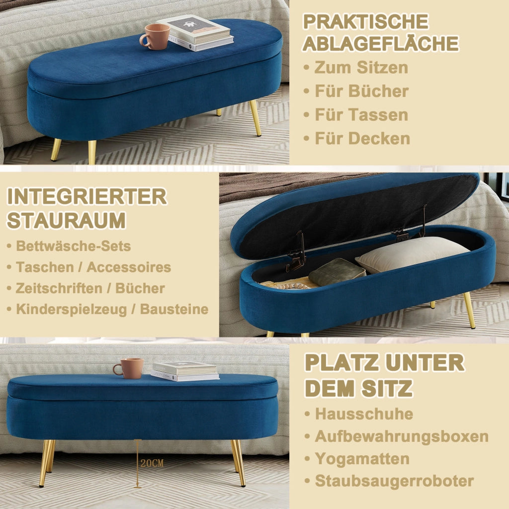 Banc con contenitore in velluto blu con coperchio ammortizzato struttura in legno e gambe in metallo 110 × 40 × 42 cm