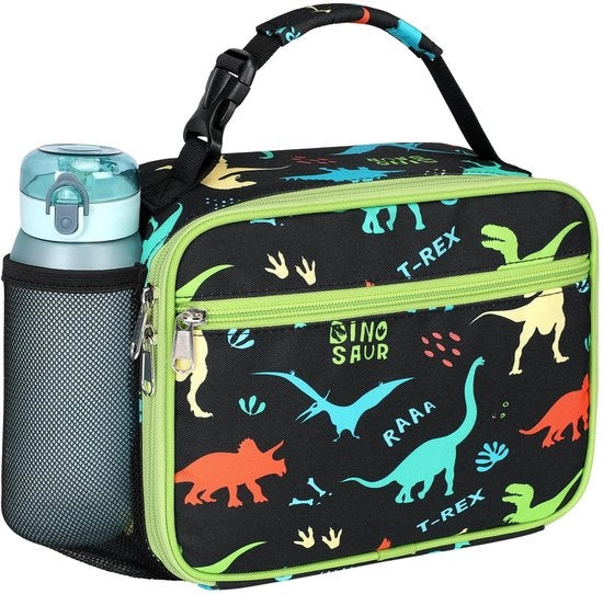 Borsa isolante per bambini - Grande borsa per pranzo per bambini con contenitore per bottiglie, scatola di latta impermeabile per pranzo per picnic, scuola, dinosauro nero
