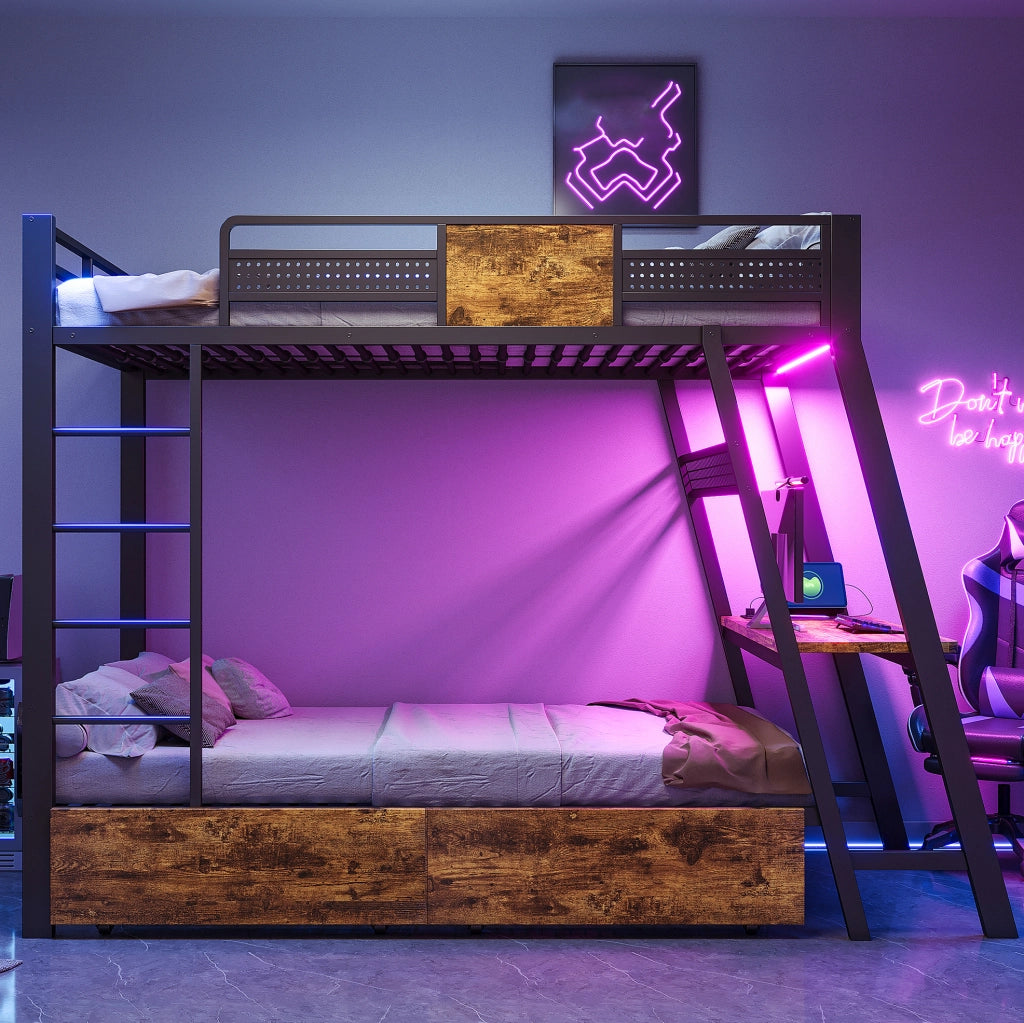 Letto a castello in metallo 90x200 cm con scrivania integrata; LED e contenimento; nero