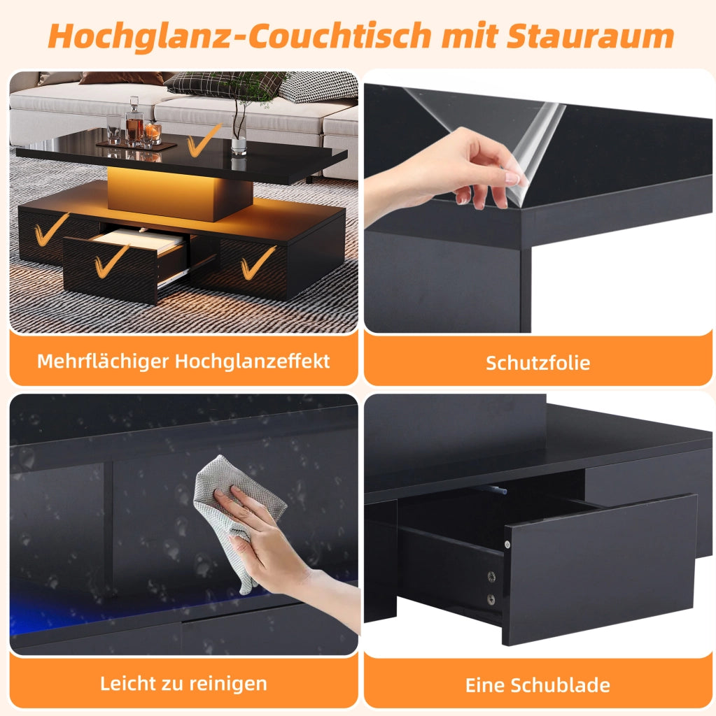 Tavolino da caffè 100x50x39 cm con LED 16 colori; cassetto e ripiano; nero