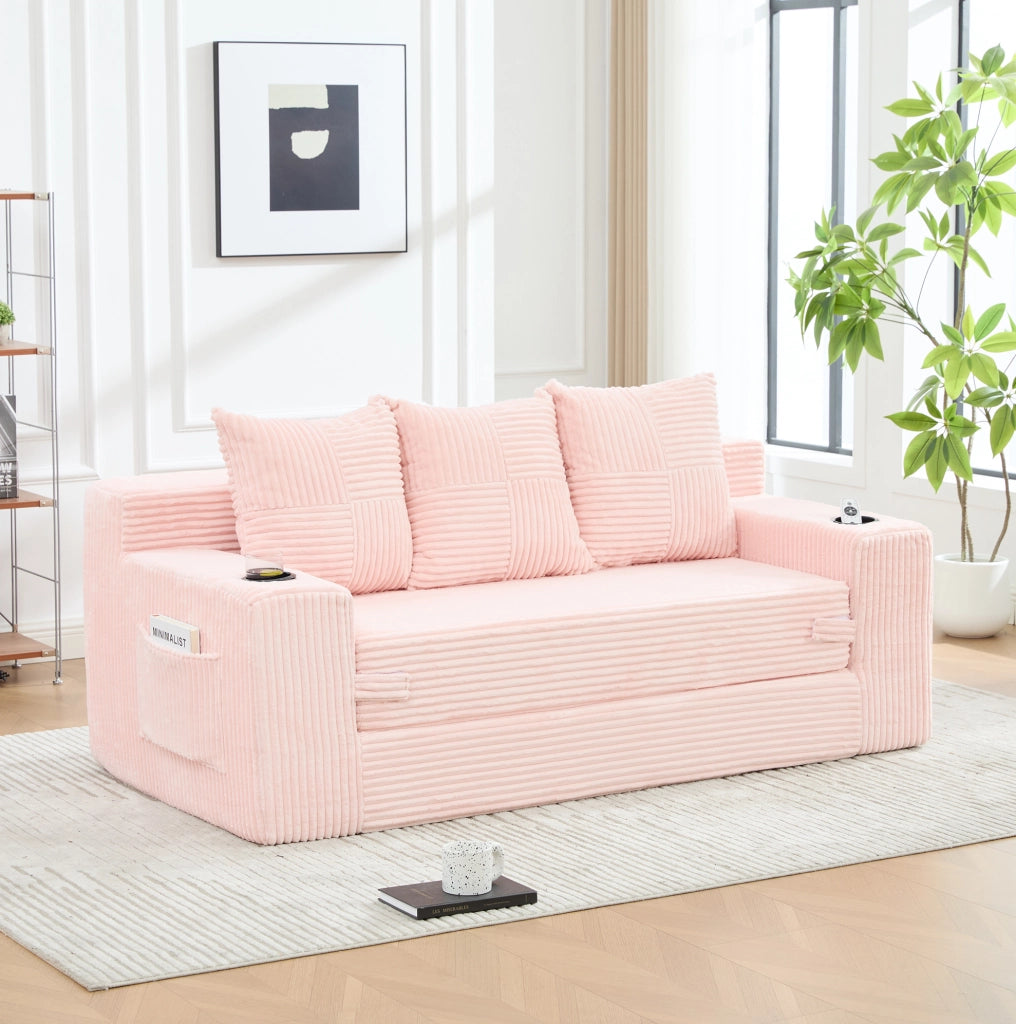 Divano modulare a 2 posti in velluto a coste rosa; 172 x 87 x 64 cm; con porta bicchieri e tasche laterali