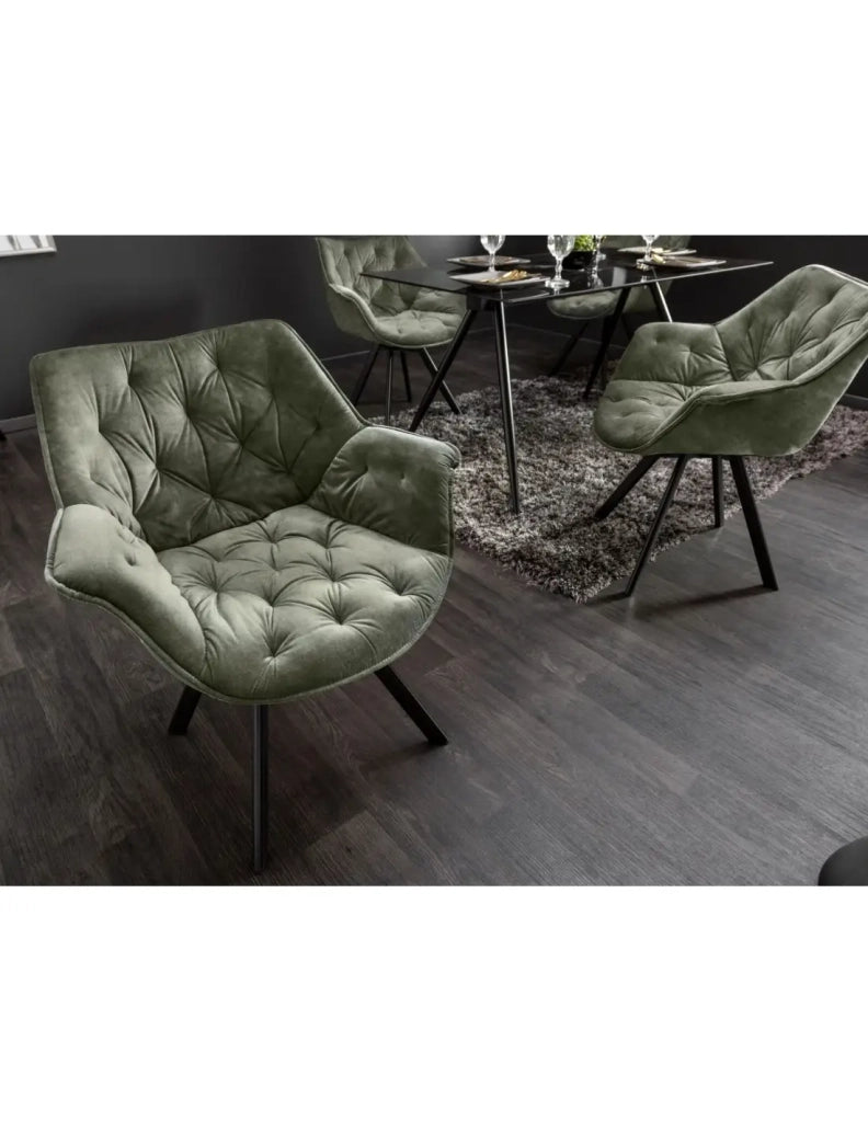 Set di 2 sedie design COMFY girevoli a 180° in velluto verde scuro trapuntato e gambe nere
