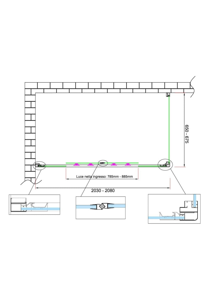 Box doccia 6 mm H 190 parete fissa e porta a 4 ante con apertura centrale MISURA 65-67,5 ANTA FISSA + PORTA 203-208