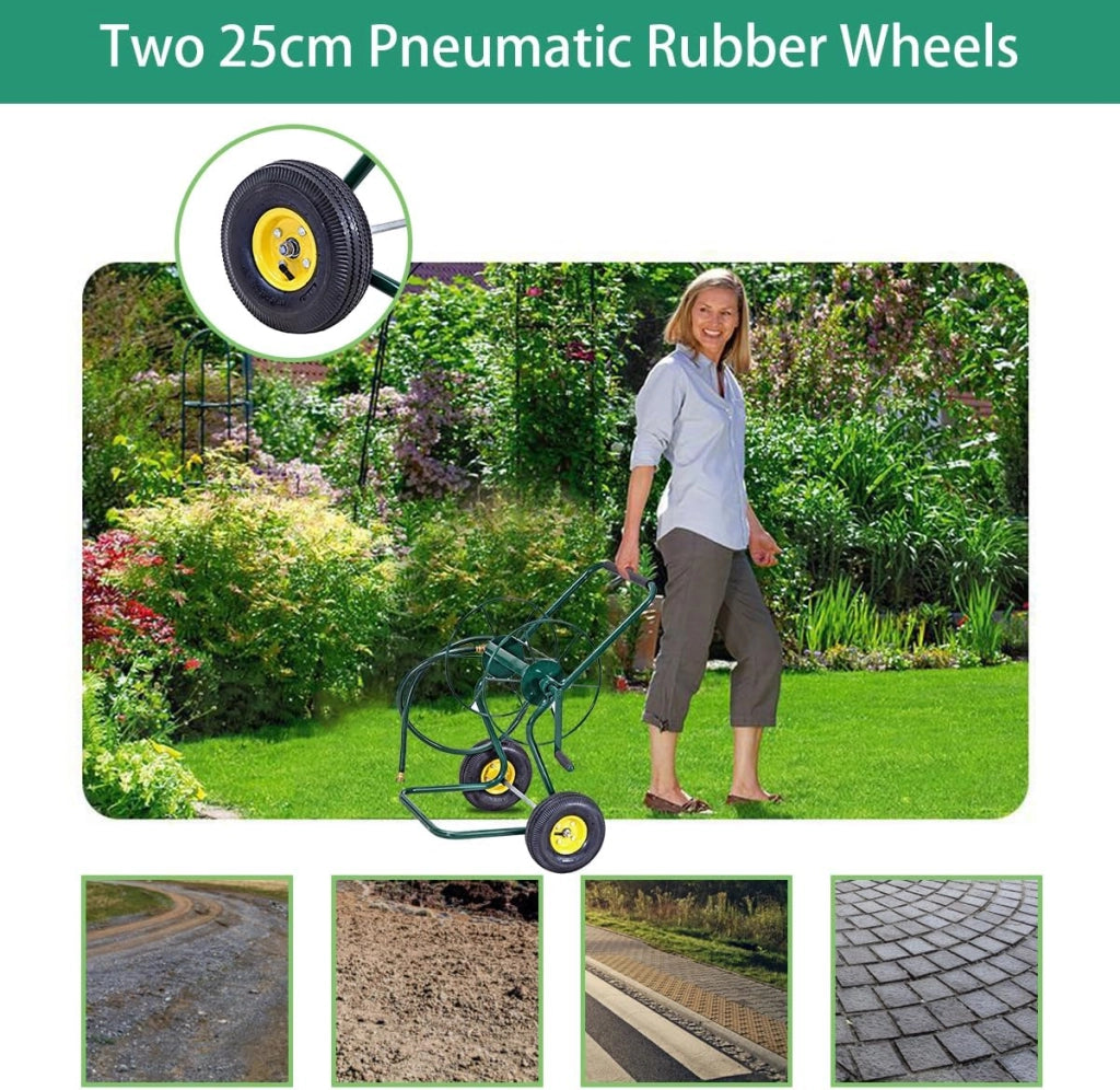 Carrello Avvolgitubo da Giardino, Avvolgitubo in Metallo con Manico e 2 Ruote Pneumatiche, per Tubi di 3/4", Fino 61 Metri, 71 x 53 x 96,5 cm, Verde