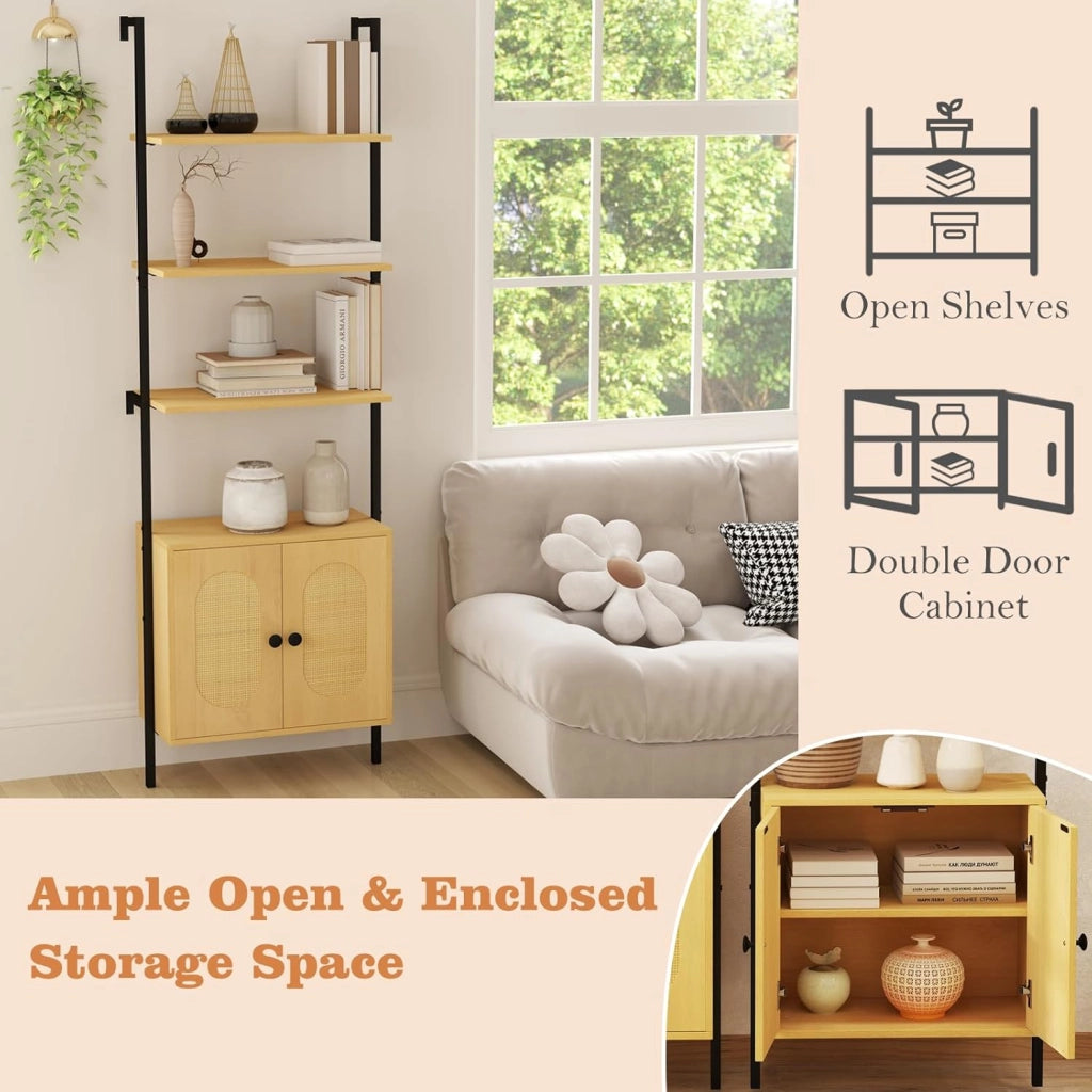 Libreria contro parete, scala con 4 ripiani e armadio con ante in rattan, mensola da parete in metallo e legno, scaffale da parete per scale (60 x 30 x 184 cm)