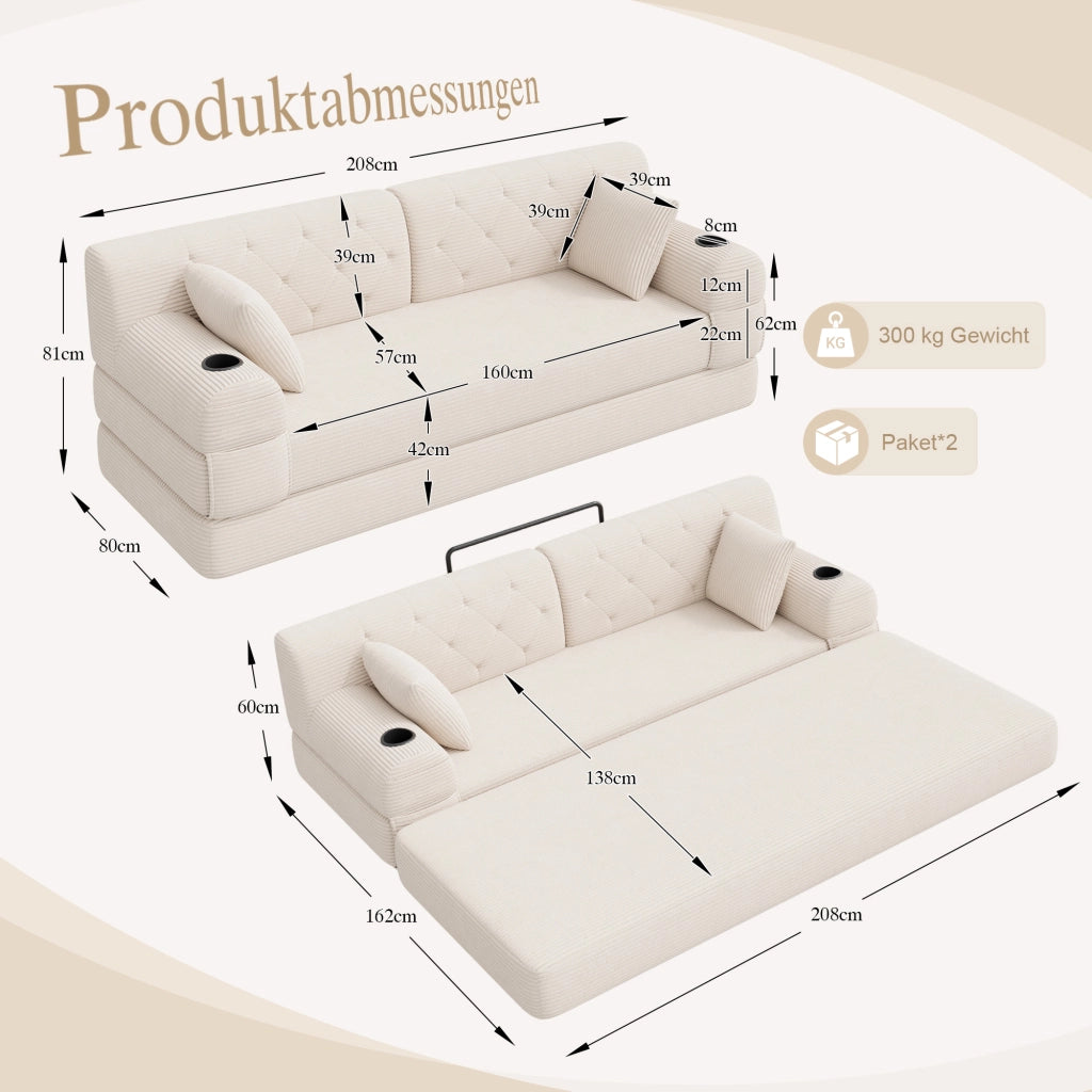 Divano letto 3 posti in corda con schienale alto; 4 tasche e 2 portabicchieri; beige