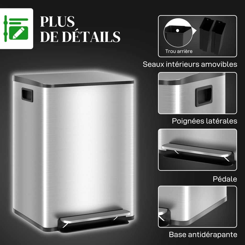 Bidone per rifiuti da cucina 2 scomparti 40L ¨C zephmum ¨C acciaio inox, pedale