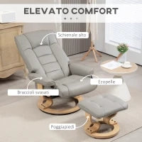 Poltrona Reclinabile a 130° con Pouf Poggiapiedi in Finta Pelle, Base Girevole e Dondolo, Grigio