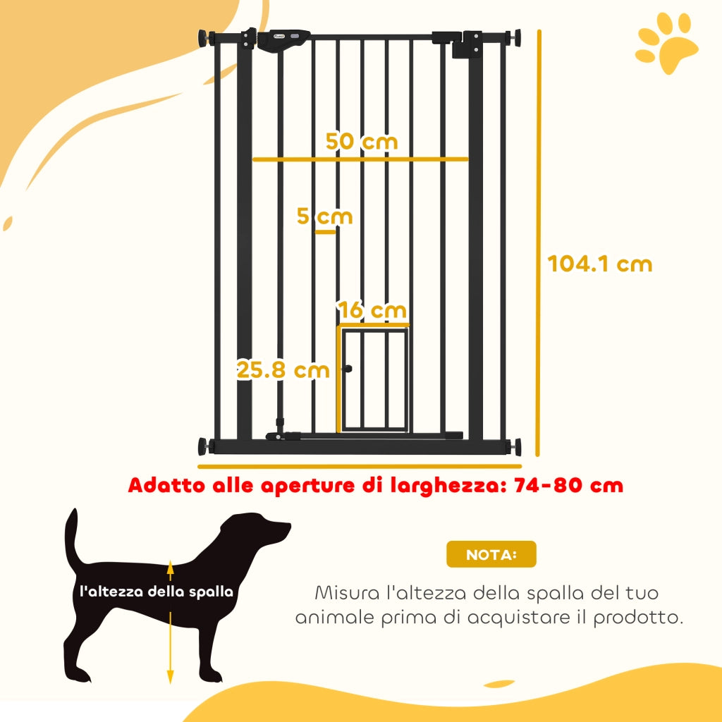 Cancellino per Cani Regolabile Alto con Porta Piccola e Chiusura Automatica, 74-80x104cm, Nero