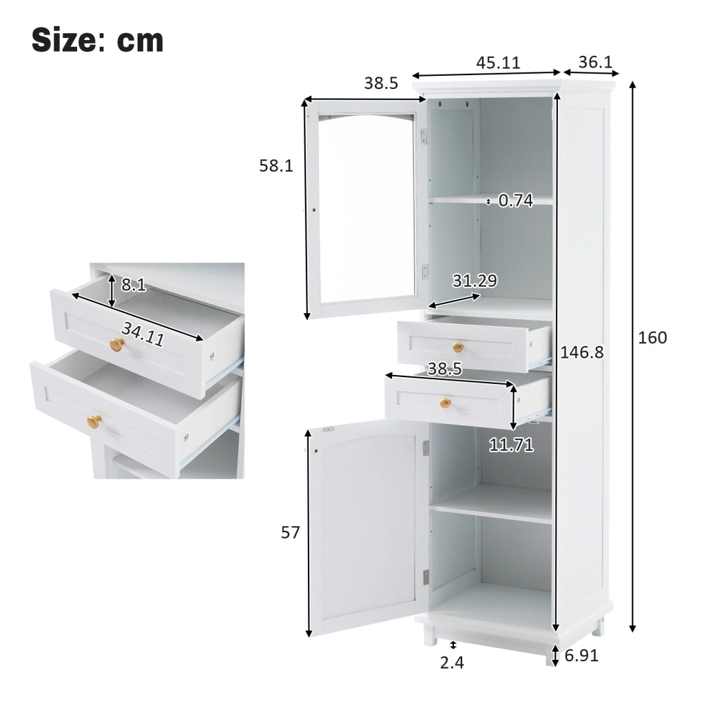 Mobile da bagno in MDF bianco con anta in vetro, 2 cassetti e ripiano regolabile
