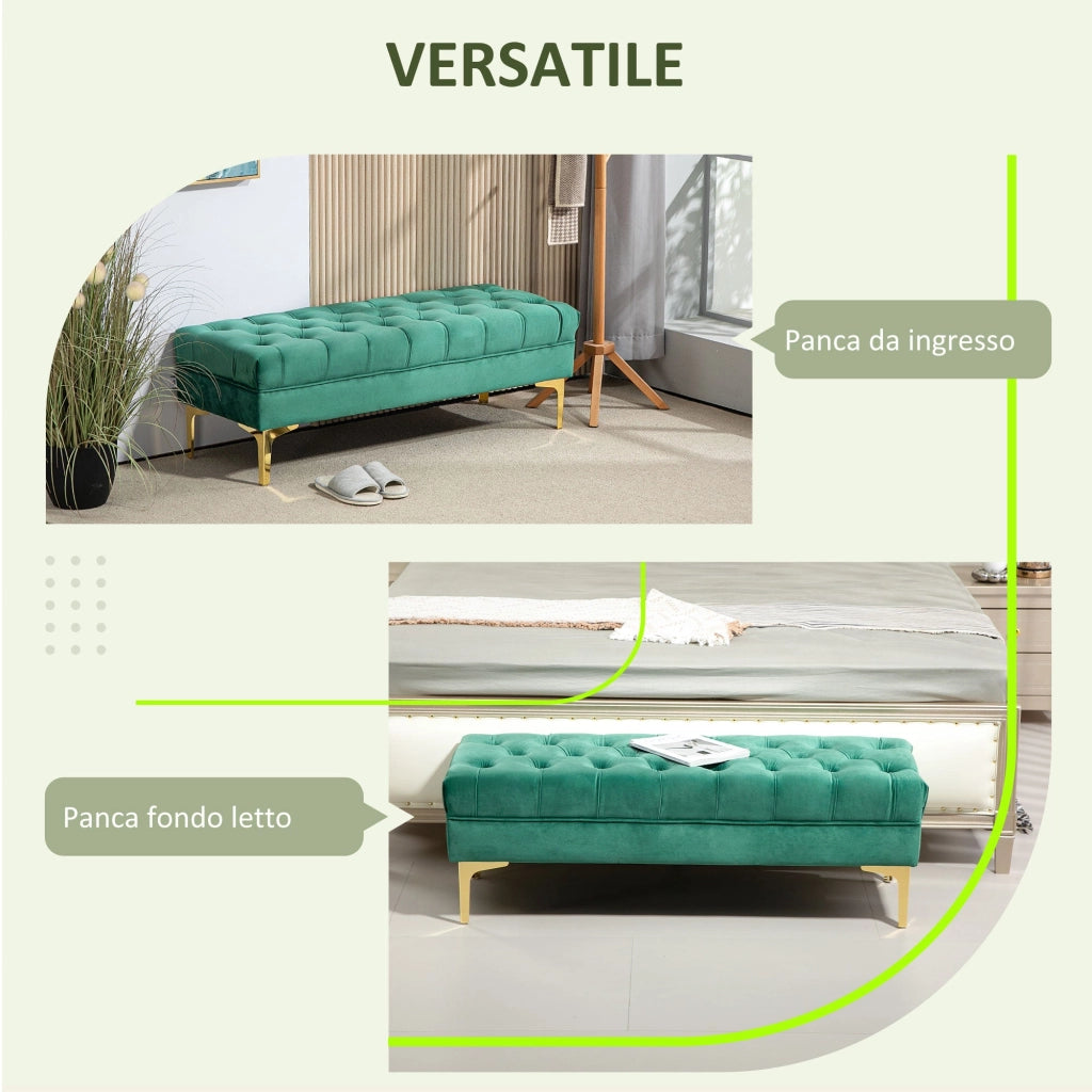 Panca Fondo Letto Imbottita con Rivestimento Trapuntato in Effetto Velluto 118x45x42 cm Verde Scuro