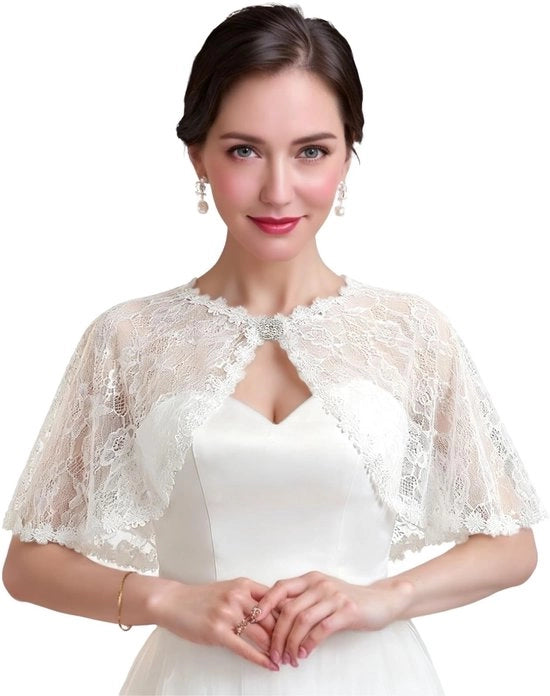 Bolero con frange - Sciarpa elegante con finiture - Ragazza da sposa - Cappotto bianco - Chiusura ad anello flessibile con fiori - Lunghezza 33 cm