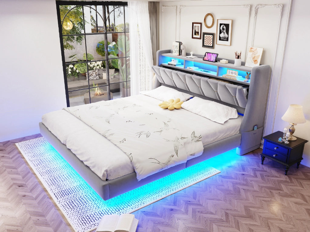 DESMIU Lit adulte 180 × 200 cm con vano, LED, USB e Type-C, senza materasso, in velluto, grigio chiaro