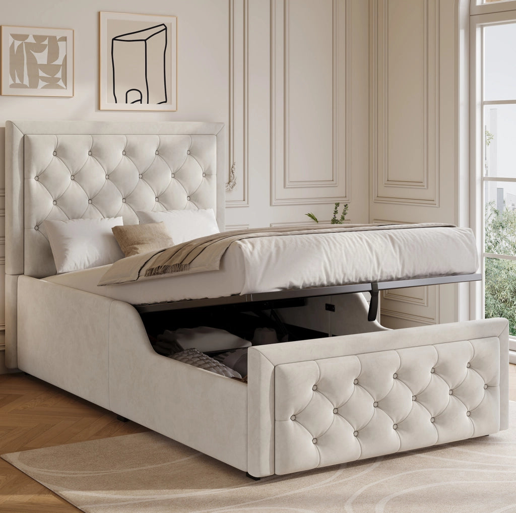 Letto singolo per bambini 90x200 cm con contenitore; velluto beige