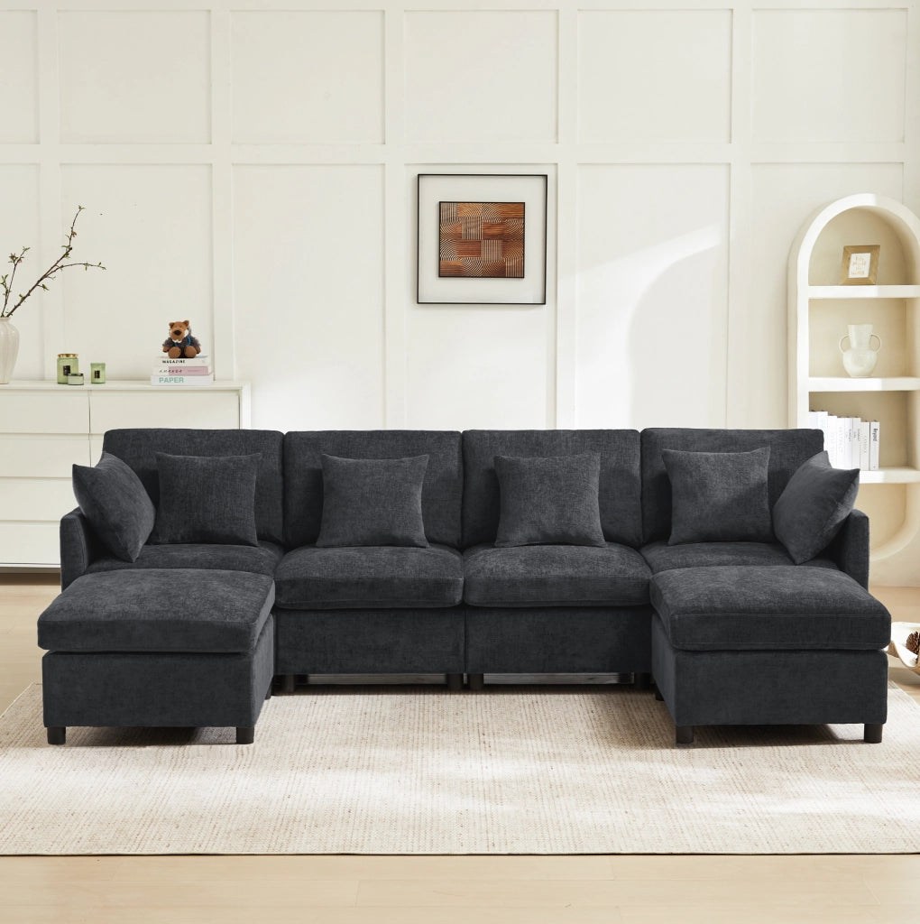 Divano modulare in ciniglia grigio con 2 pouf e 6 cuscini; 278 × 161 × 81 cm