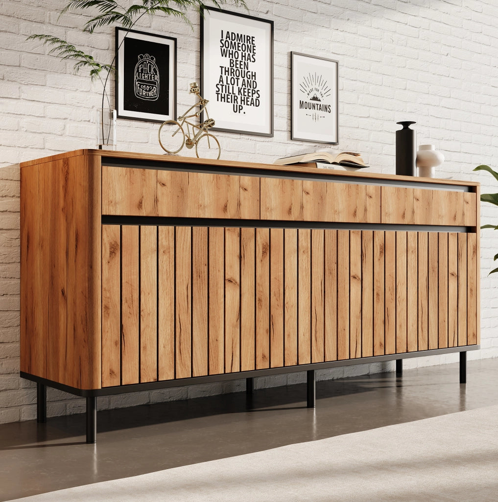 Credenza moderna 160x40x73 cm in MDF, 3 cassetti e 3 ante a lamelle