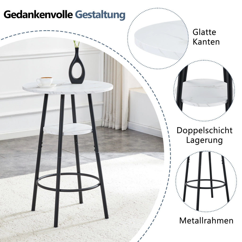 Tavolo da bar con doppio ripiano, effetto marmo bianco e struttura in metallo nero, per cucina e soggiorno, 60 × 89 cm
