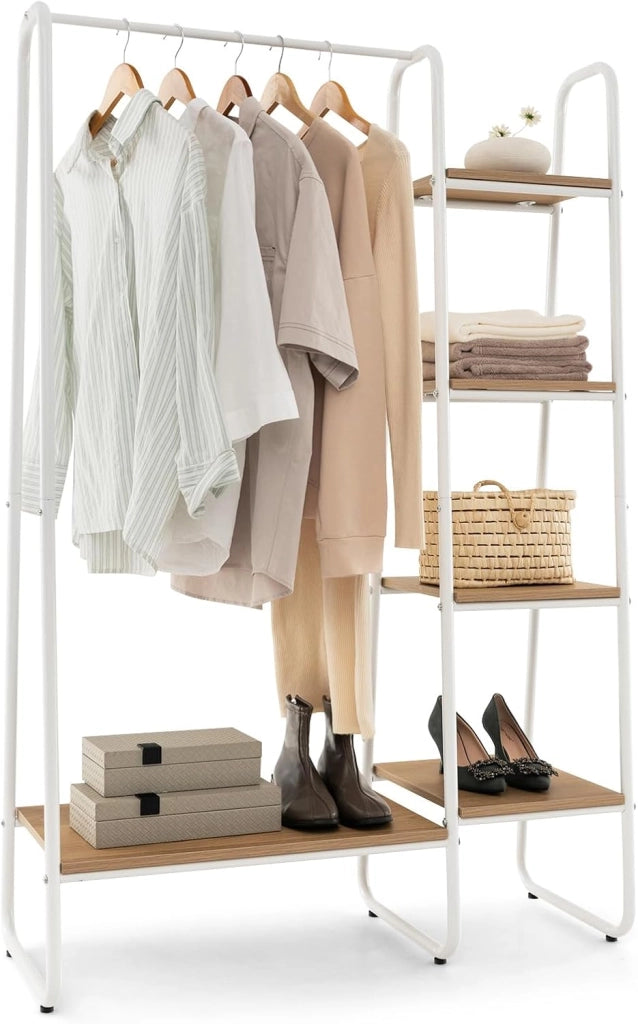 Stand Appendiabiti in Metallo, Porta Abiti Aperto con 4 Ripiani, Scaffale per Indumenti per Ingresso Soggiorno e Camera da Letto, 100x40x150cm (Naturale)