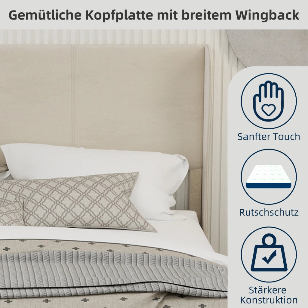 Letto Matrimoniale 160x200 cm con Testiera Imbottita; Beige; in Tessuto e Metallo