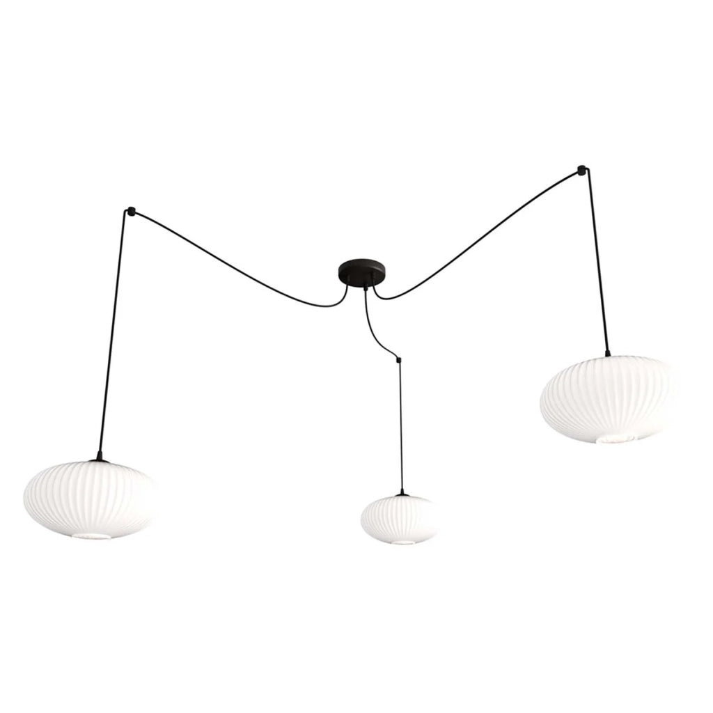 Lampadario 3 Luci Elios In Acciaio Nero Paralume Plissettato Bianco