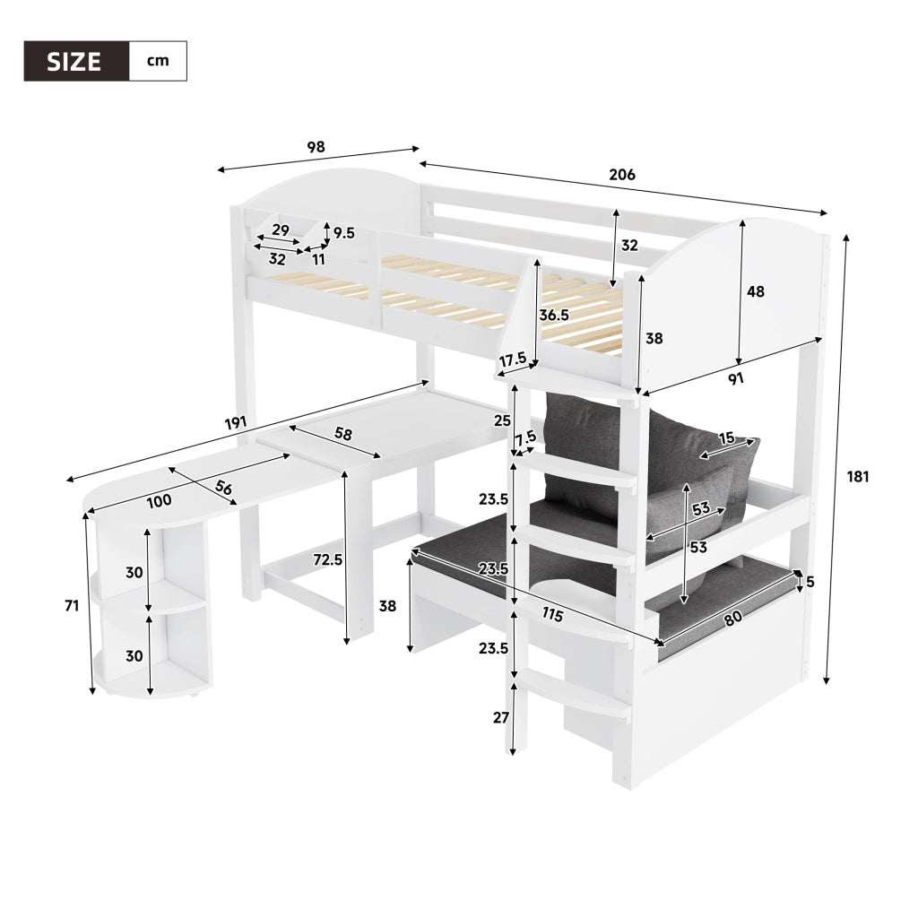 Letto a castello funzionale in legno massello 90x200 cm