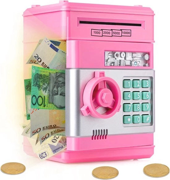 Cassa di Sicurezza Elettrica - Codice - Cassa di Denaro Elettrica - Rosa - Cassa di Denaro per Ragazzi e Ragazze - Adatta per Monete Euro e Biglietti di Banca - ATM