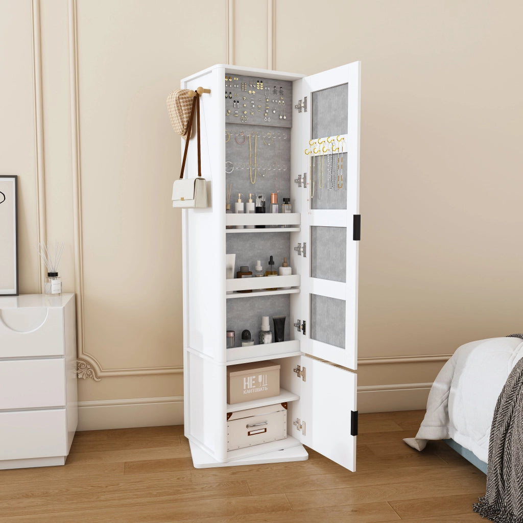 Mobile con specchio girevole con portagioielli; libreria aperta e 6 ganci per camera da letto; 50×50×170 cm bianco