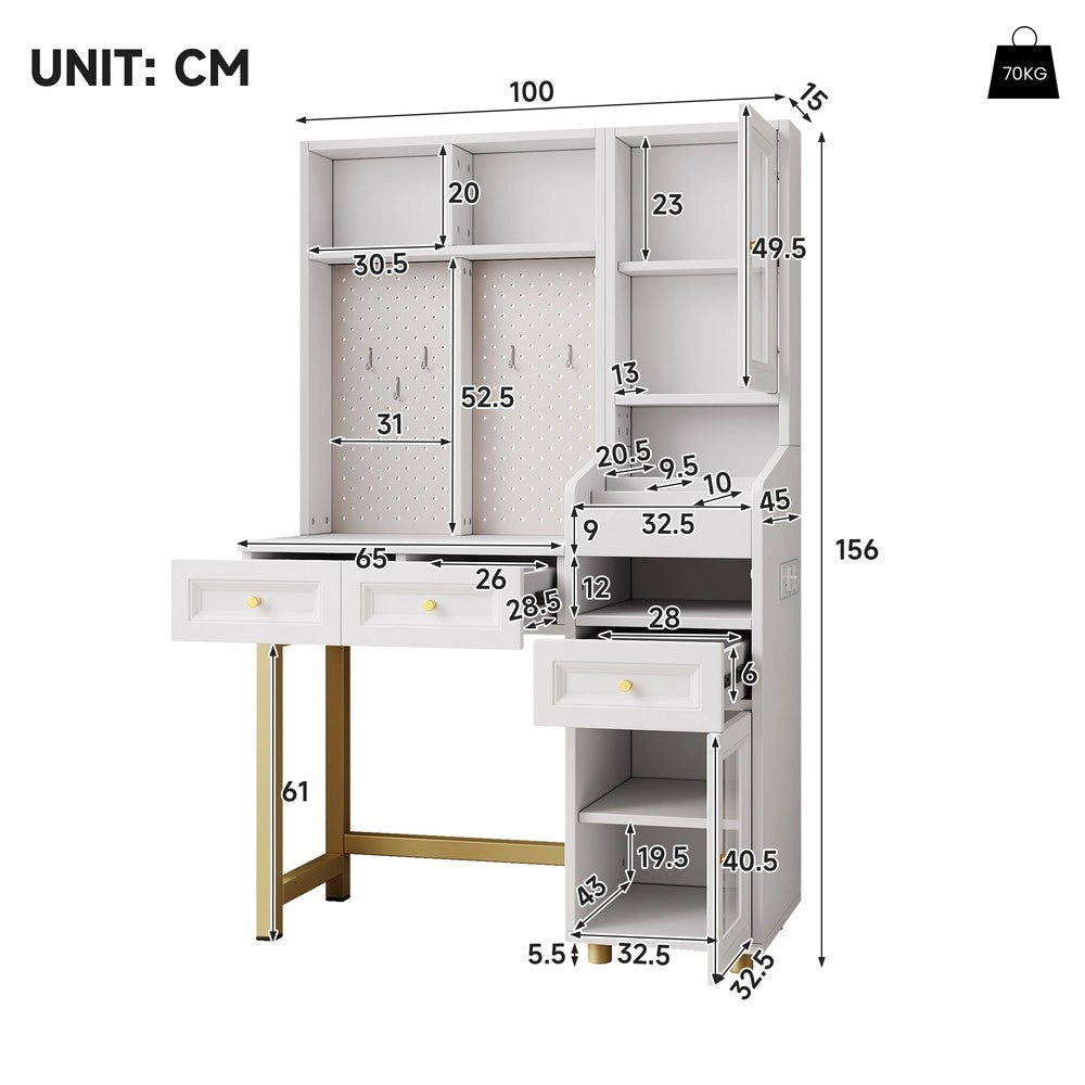 Truccatore con LED ¨C Minimal ¨C 3 cassetti, 100x45x156 cm, con prese USB e Type-C, ripiani, vetrina