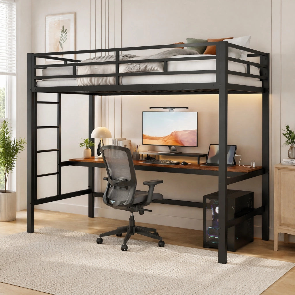 Letto a soppalco 90x200 cm nero con scrivania, LED APP, USB e Type-C