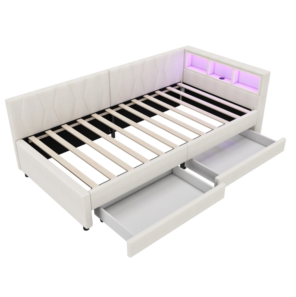 Letto singolo 90x200 cm; LED con USB e Tipo C; 2 cassetti e vani; lino e MDF beige (Senza materasso)