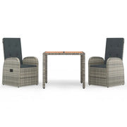 Set da Pranzo da Giardino 3 pz | Set Salotto da Giardino con Cuscini in Polyrattan Grigio